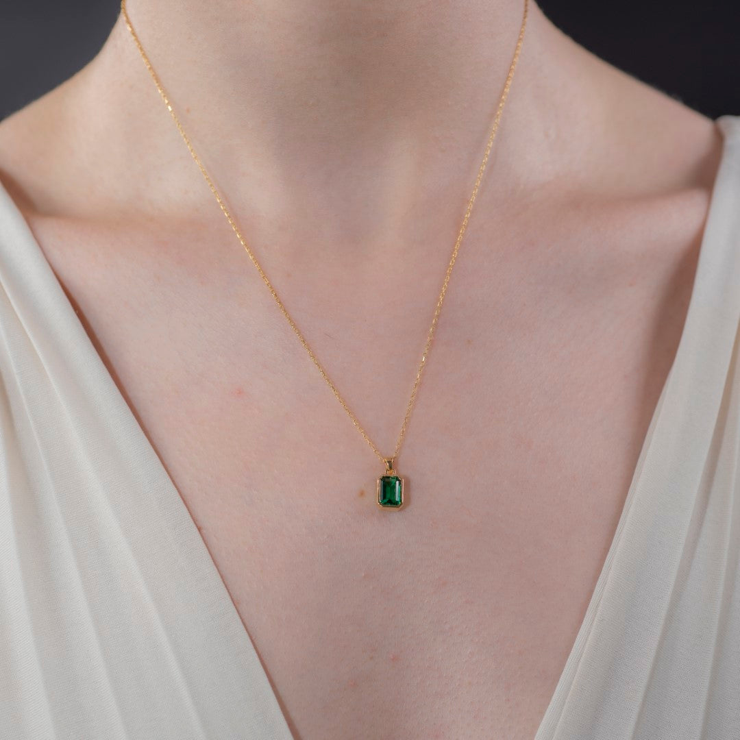 Emerald Rectangle Bezel Necklace 14K Solid Gold, May Birthstone Pendant