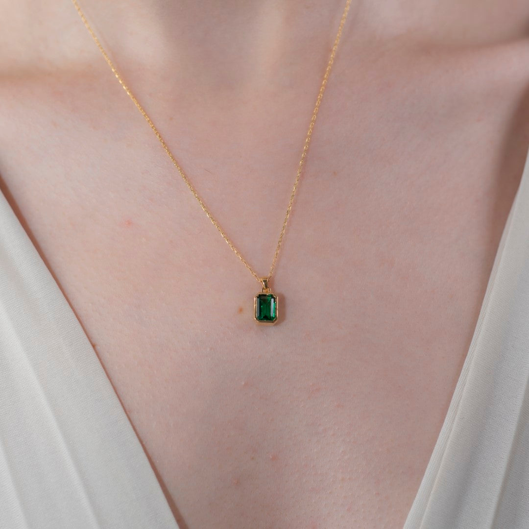 Emerald Rectangle Bezel Necklace 14K Solid Gold, May Birthstone Pendant