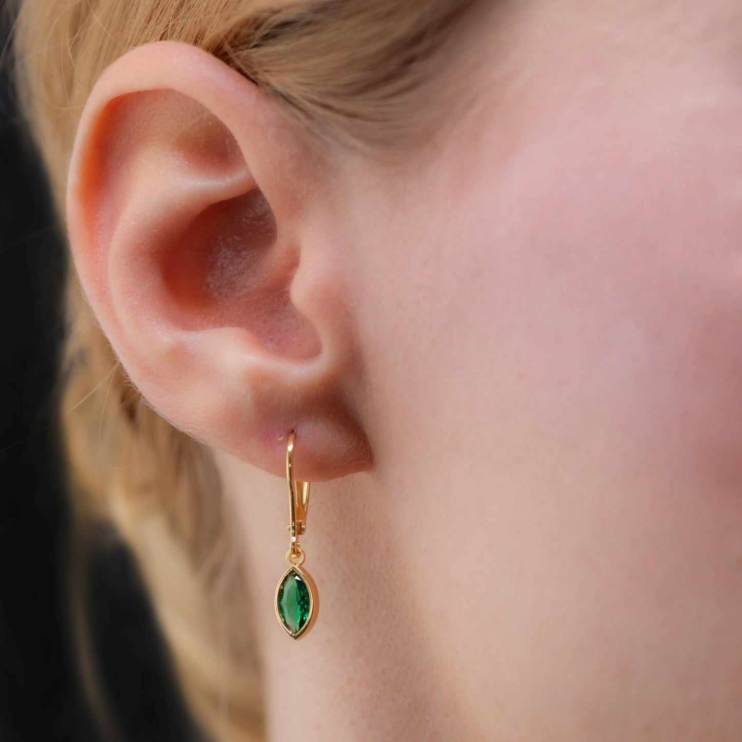 Emerald Dangle Earrings Bezel Marquise Cut in 14K Solid Gold, May Birthstone Jewelry