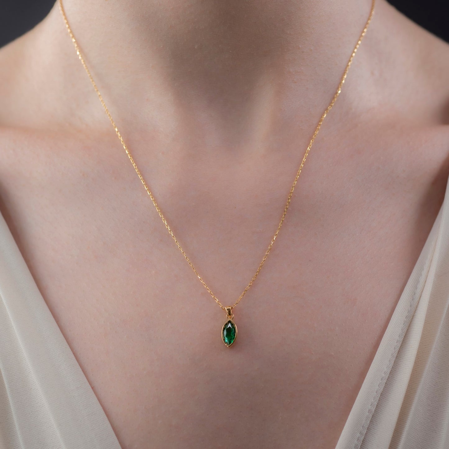 Marquise Cut Emerald Bezel Necklace 14K Solid Gold, May Birthstone Pendant