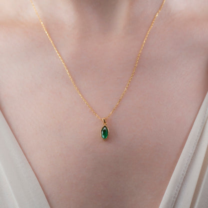 Marquise Cut Emerald Bezel Necklace 14K Solid Gold, May Birthstone Pendant