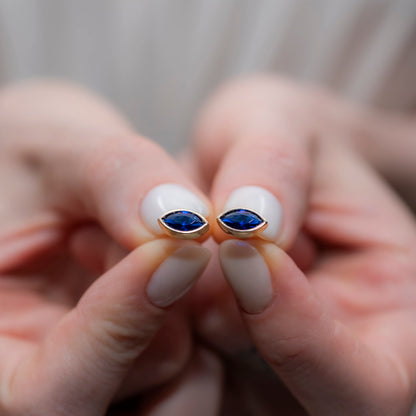 Sapphire Stud Earrings Bezel Marquise Cut in 14K Solid Gold, September Birthstone Jewelry