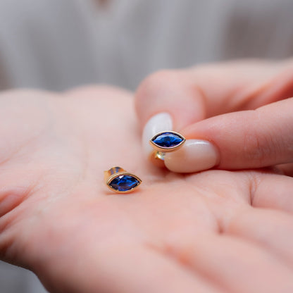 Sapphire Stud Earrings Bezel Marquise Cut in 14K Solid Gold, September Birthstone Jewelry