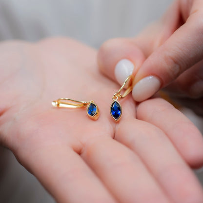 Sapphire Dangle Earrings Bezel Marquise Cut in 14K Solid Gold, September Birthstone Jewelry