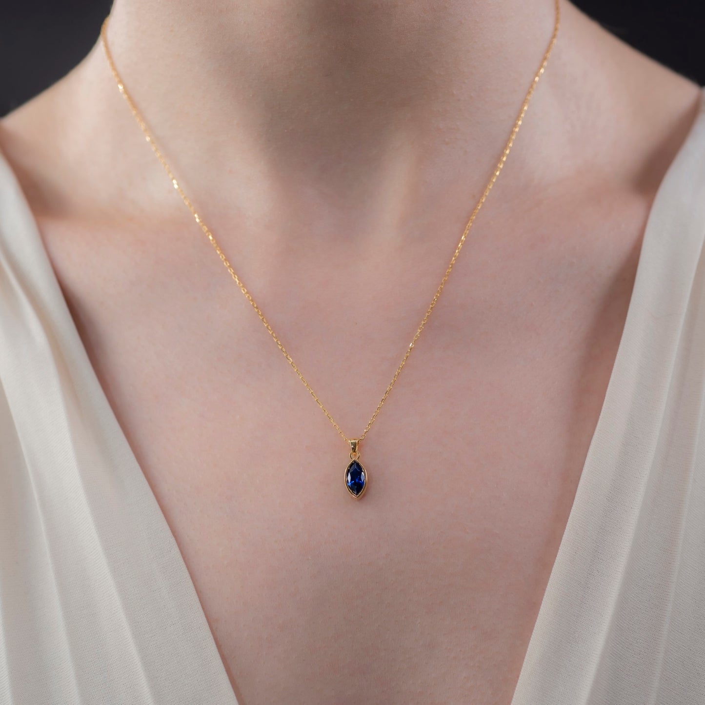 Marquise Cut Sapphire Bezel Necklace 14K Solid Gold, September Birthstone Pendant