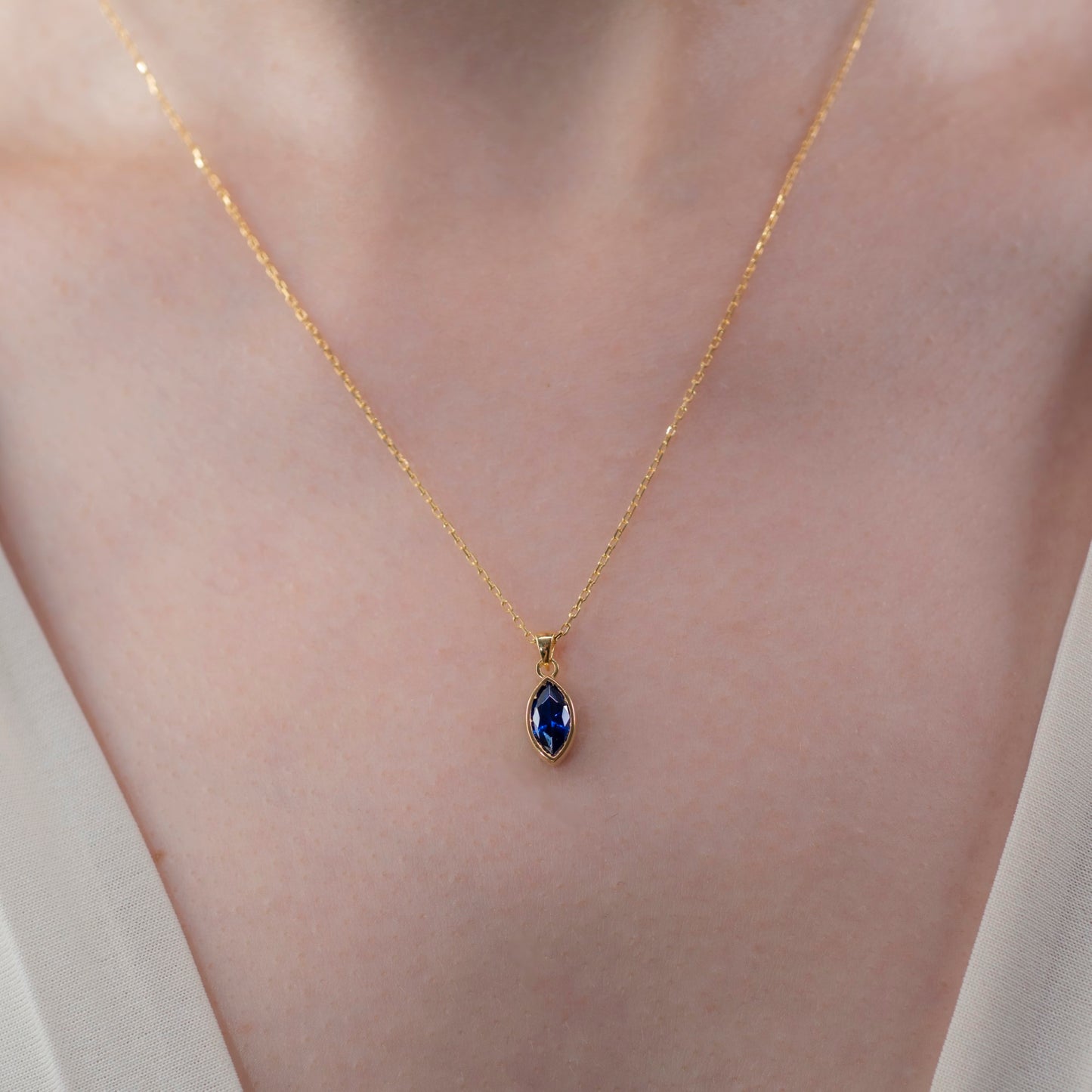 Marquise Cut Sapphire Bezel Necklace 14K Solid Gold, September Birthstone Pendant