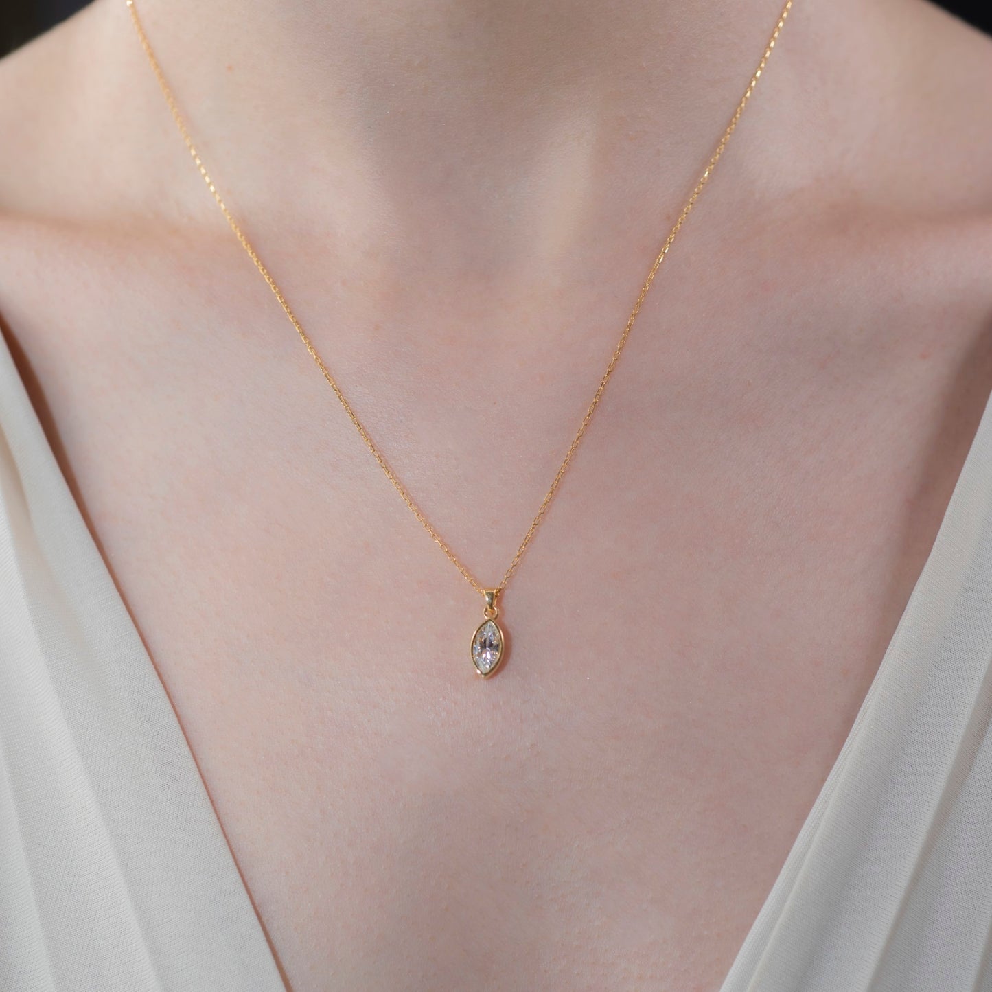 Marquise Cut White Topaz Bezel Necklace 14K Solid Gold, April Birthstone Pendant