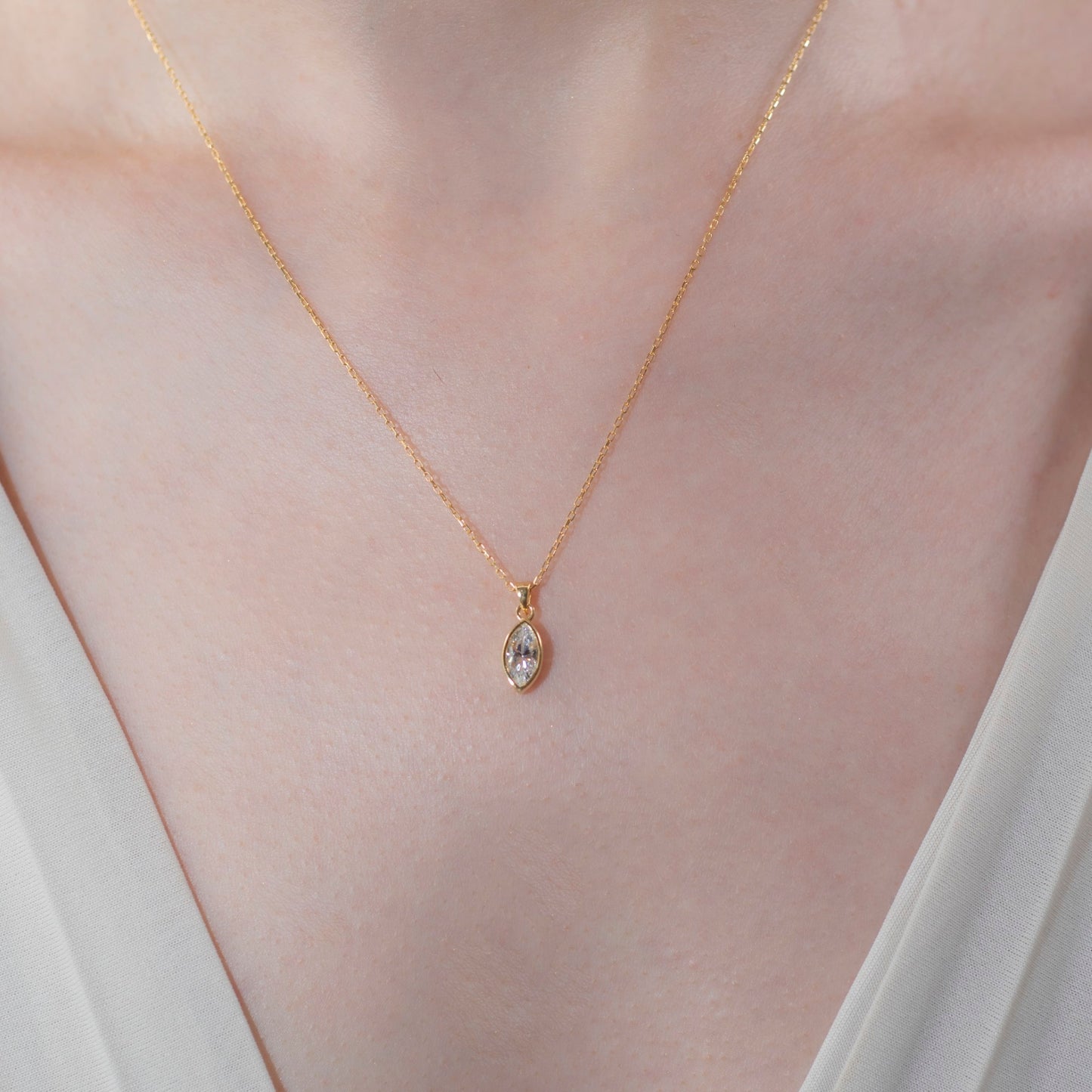 Marquise Cut White Topaz Bezel Necklace 14K Solid Gold, April Birthstone Pendant