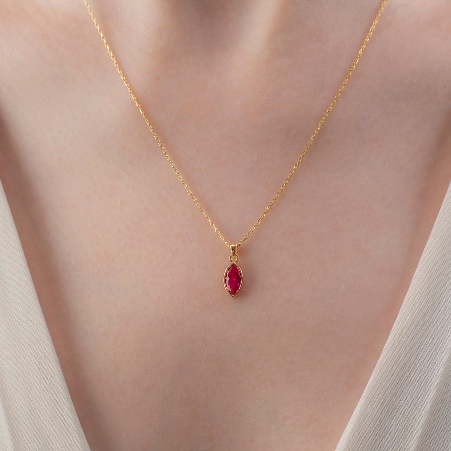 Marquise Cut Ruby Bezel Necklace 14K Solid Gold, July Birthstone Pendant