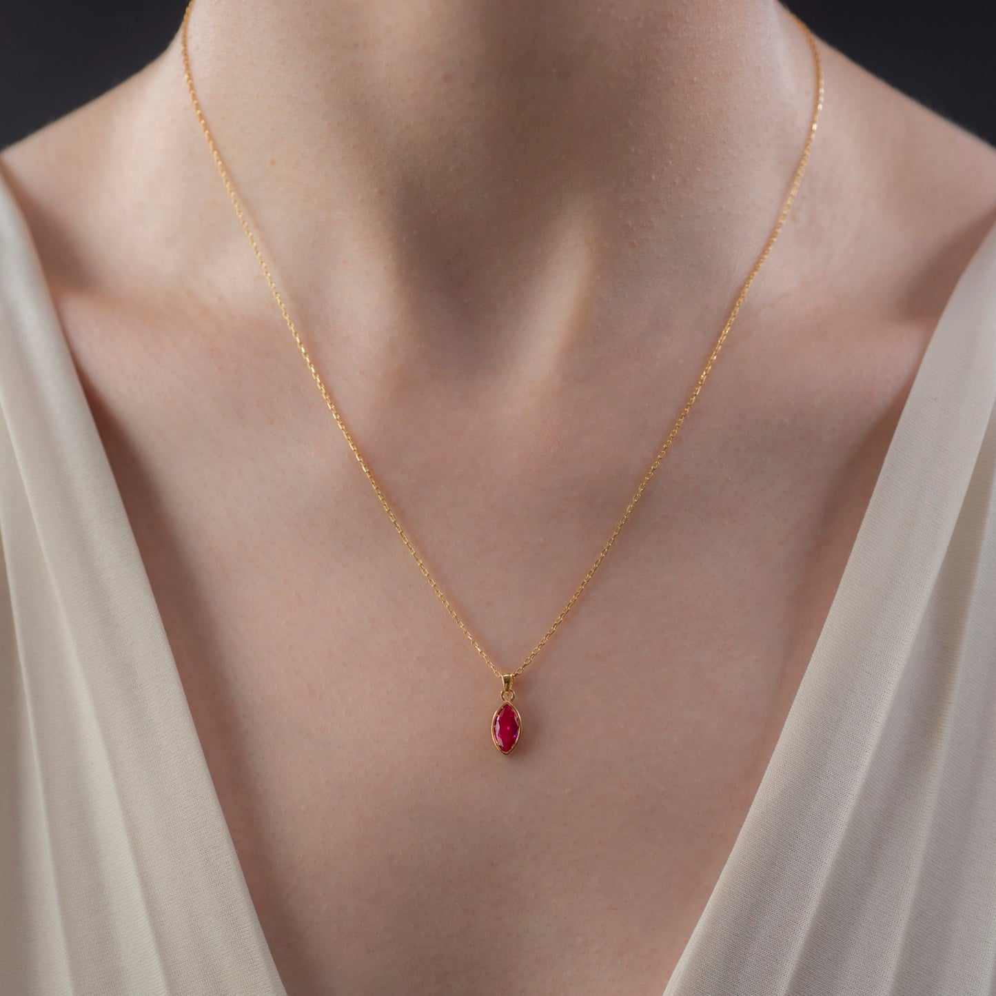 Marquise Cut Ruby Bezel Necklace 14K Solid Gold, July Birthstone Pendant