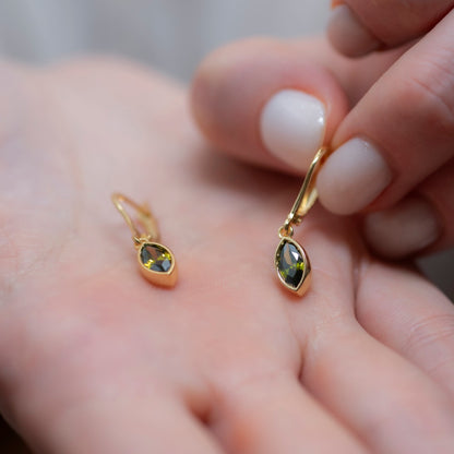 Peridot Dangle Earrings Bezel Marquise Cut in 14K Solid Gold, August Birthstone Dainty Jewelry