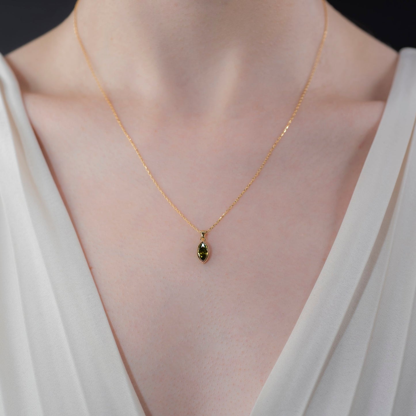 Marquise Cut Peridot Bezel Necklace 14K Solid Gold, August Birthstone Pendant