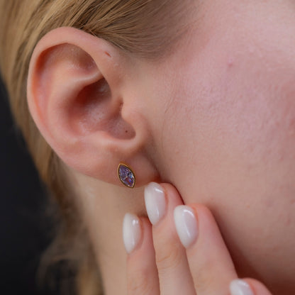 Alexandrite Stud Earrings Bezel Marquise Cut in 14K Solid Gold, June Birthstone Jewelry