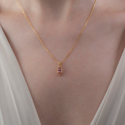 Marquise Cut Pink Tourmaline Bezel Necklace 14K Solid Gold, October Birthstone Pendant