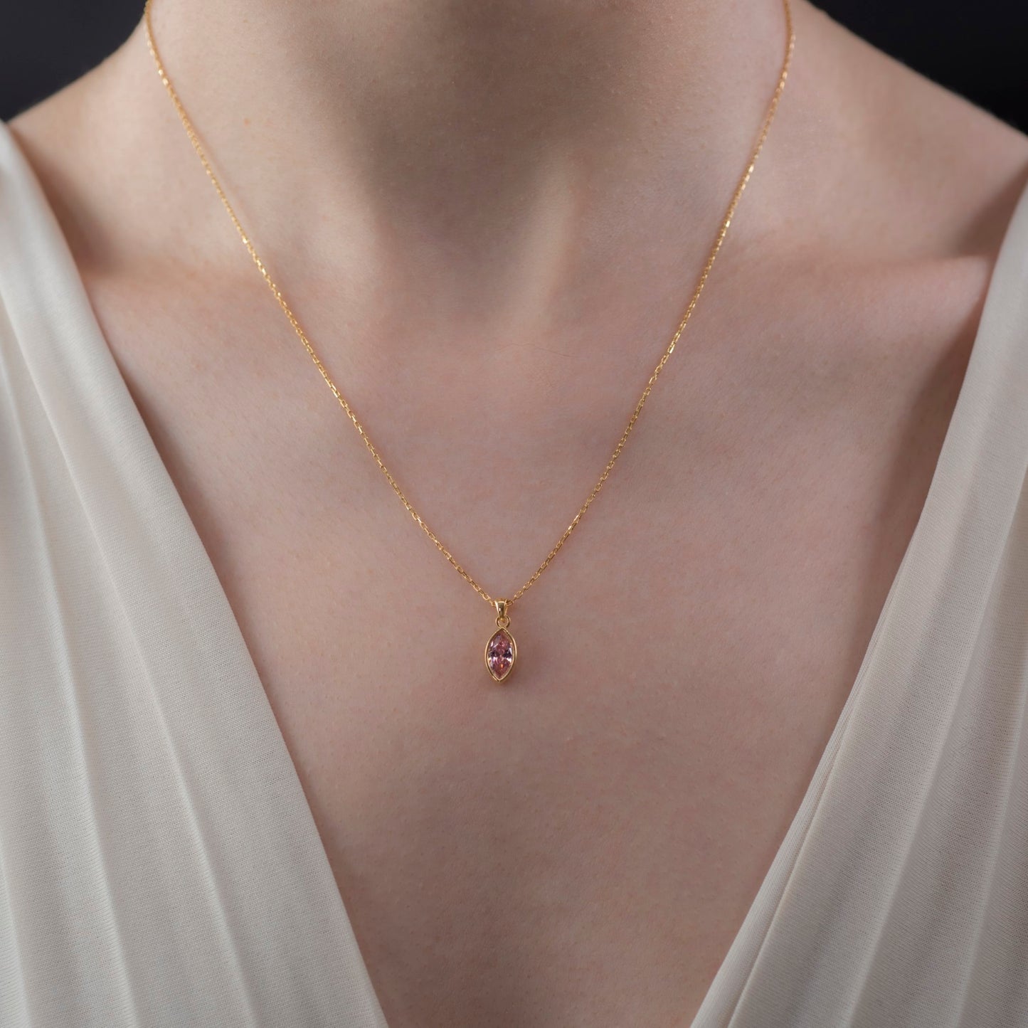 Marquise Cut Pink Tourmaline Bezel Necklace 14K Solid Gold, October Birthstone Pendant