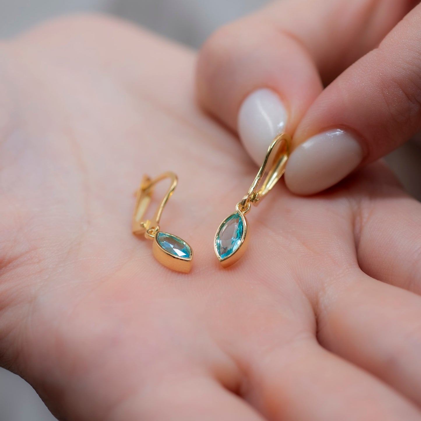 Aquamarine Dangle Earrings Bezel Marquise Cut in 14K Solid Gold, March Birthstone Jewelry