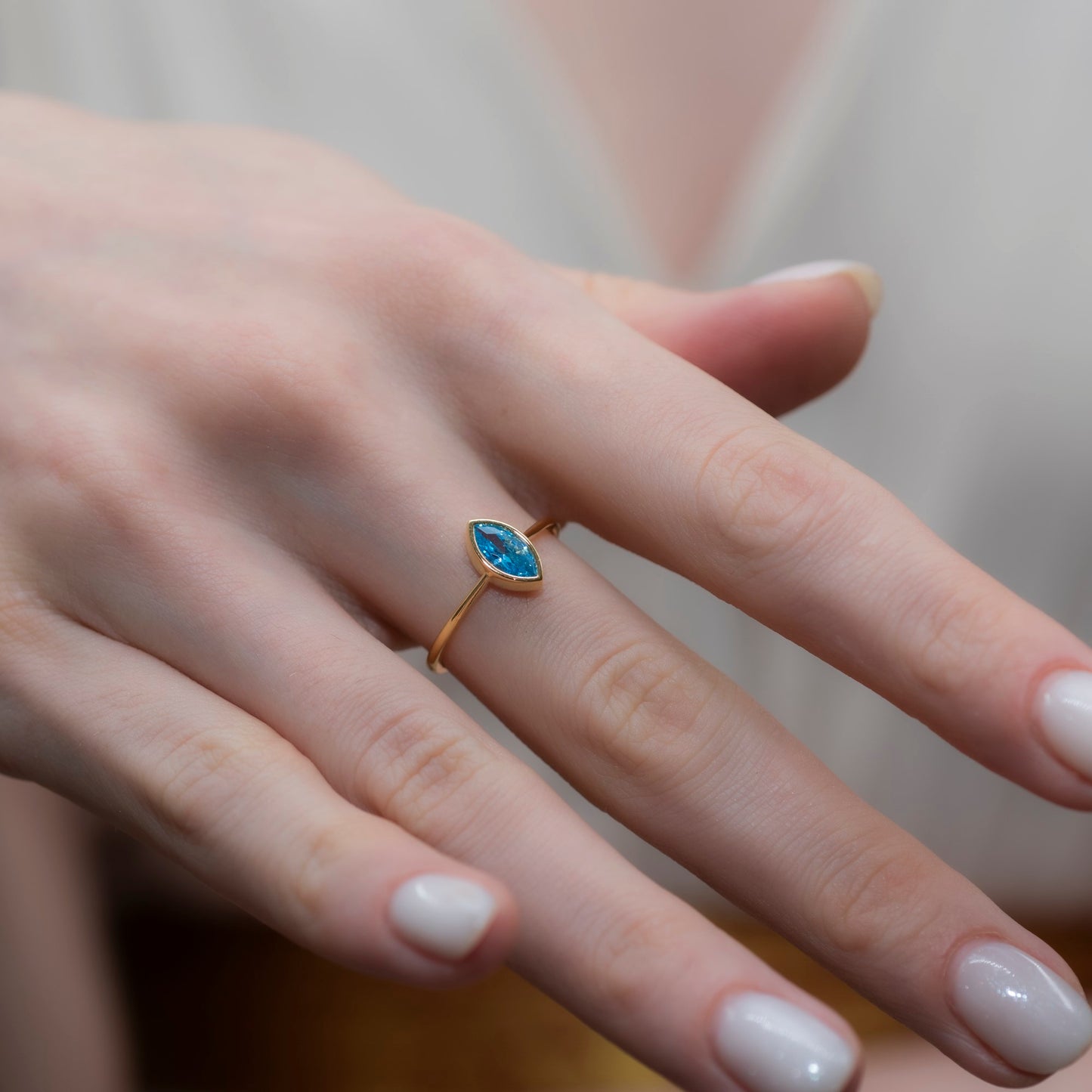 Blue Topaz Ring Bezel Marquise Cut in 14K Solid Gold, December Birthstone Jewelry