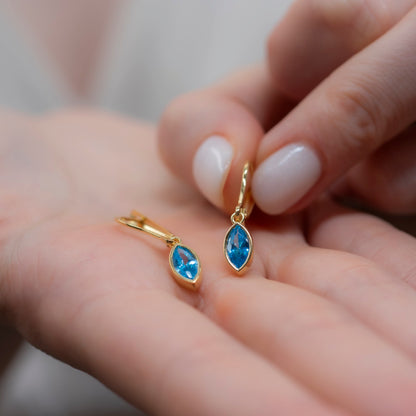 Blue Topaz Dangle Earrings Bezel Marquise Cut in 14K Solid Gold, December Birthstone Jewelry