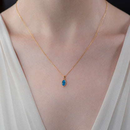 Marquise Cut Blue Topaz Bezel Necklace 14K Solid Gold, December Birthstone Pendant