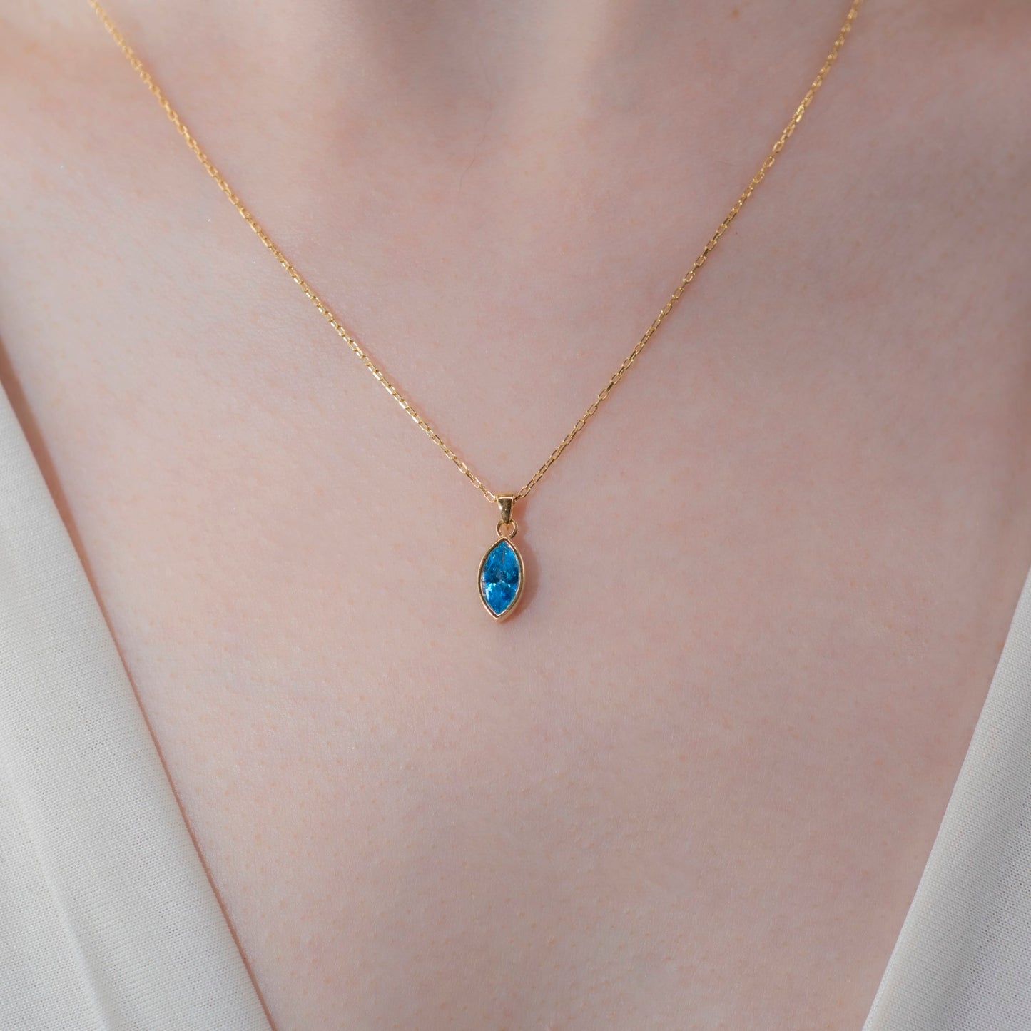 Marquise Cut Blue Topaz Bezel Necklace 14K Solid Gold, December Birthstone Pendant