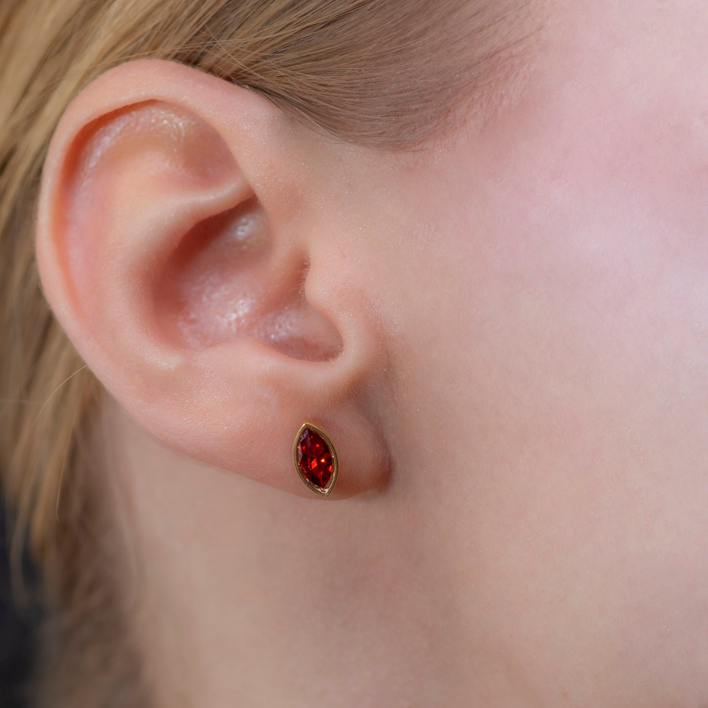 Garnet Stud Earrings Bezel Marquise Cut in 14K Solid Gold, January Birthstone Jewelry