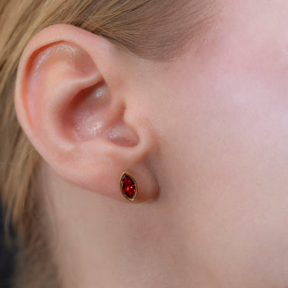 Garnet Stud Earrings Bezel Marquise Cut in 14K Solid Gold, January Birthstone Jewelry