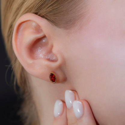 Garnet Stud Earrings Bezel Marquise Cut in 14K Solid Gold, January Birthstone Jewelry