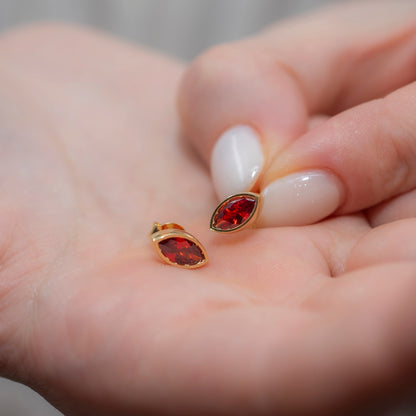 Garnet Stud Earrings Bezel Marquise Cut in 14K Solid Gold, January Birthstone Jewelry