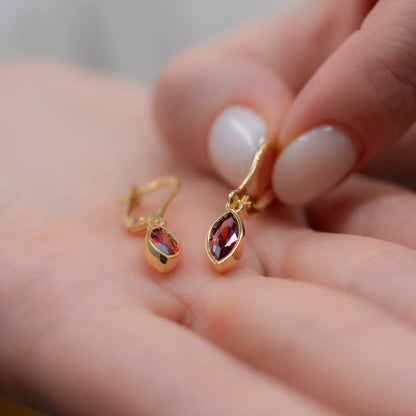 Garnet Dangle Earrings Bezel Marquise Cut in 14K Solid Gold, January Birthstone Dainty Jewelry