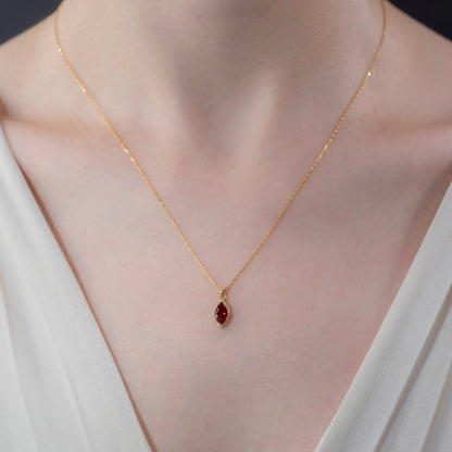 Marquise Cut Garnet Bezel Necklace 14K Solid Gold, January Birthstone Pendant