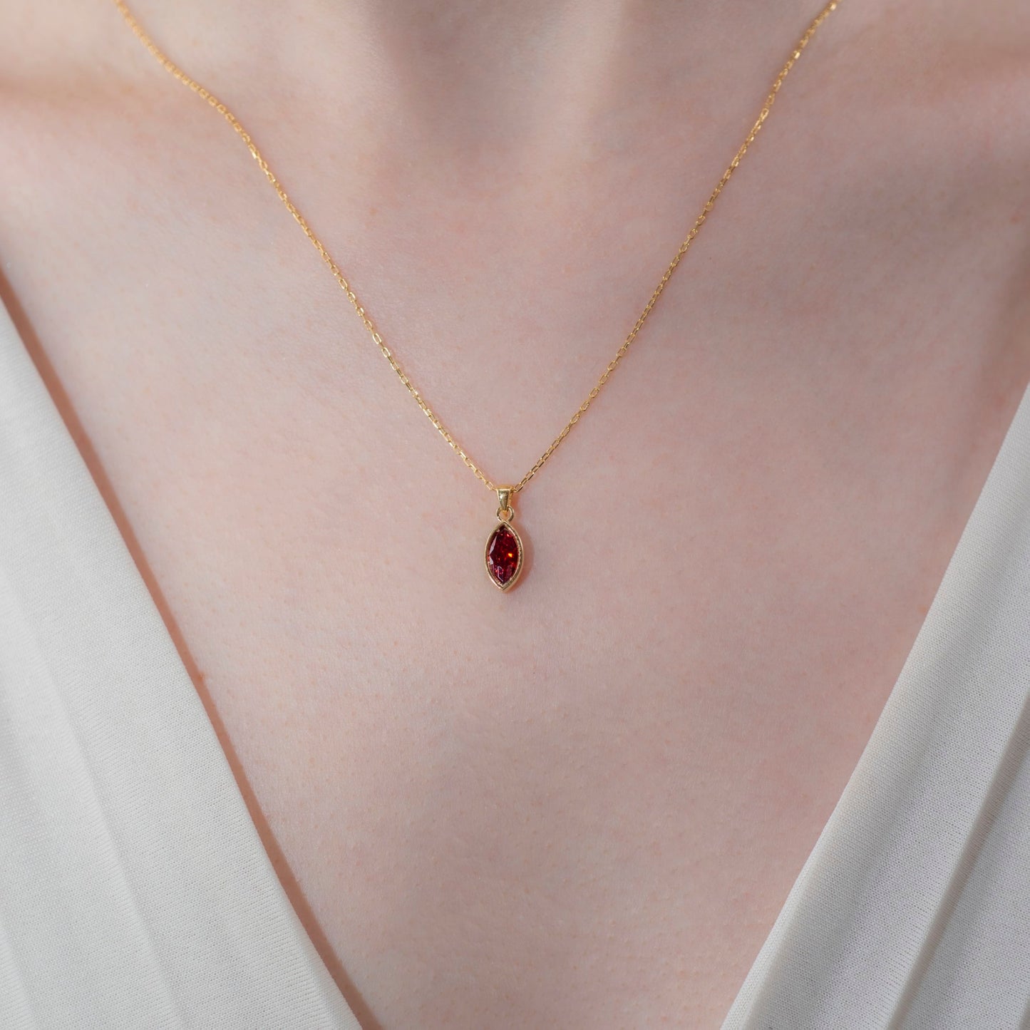 Marquise Cut Garnet Bezel Necklace 14K Solid Gold, January Birthstone Pendant