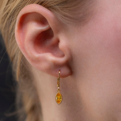 Yellow Topaz Dangle earrings Bezel Marquise Cut in 14K Solid Gold, Birthstone Minimalist Jewelry