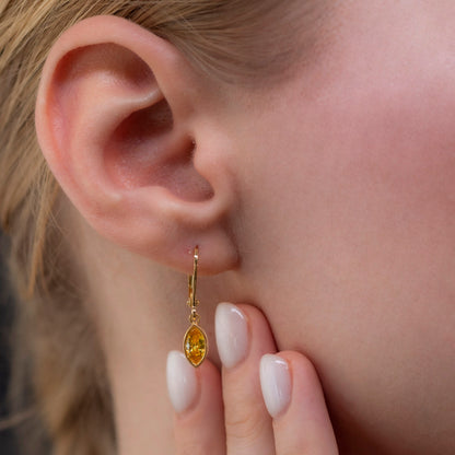 Yellow Topaz Dangle earrings Bezel Marquise Cut in 14K Solid Gold, Birthstone Minimalist Jewelry