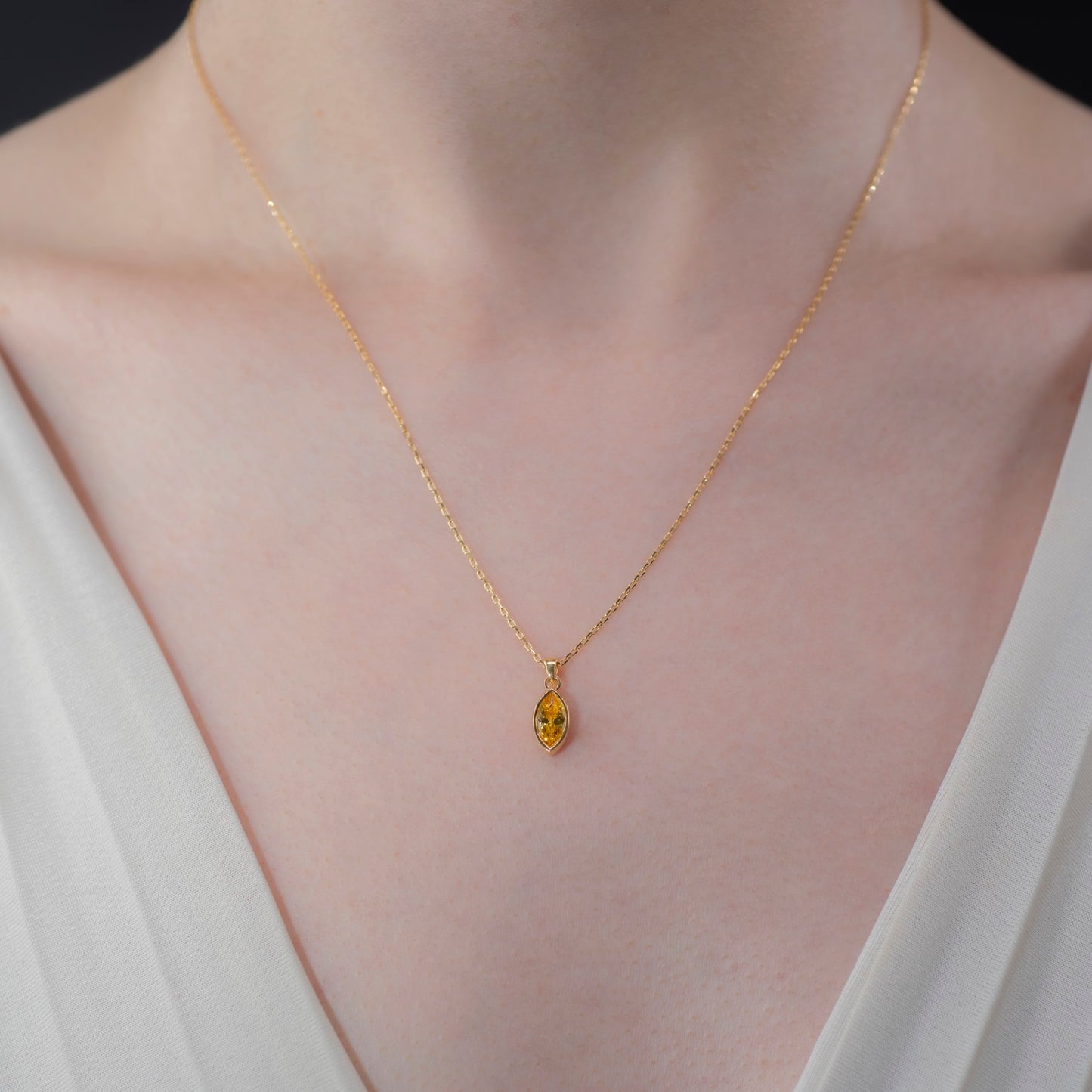 Marquise Cut Yellow Topaz Bezel Necklace 14K Solid Gold, Birthstone Pendant