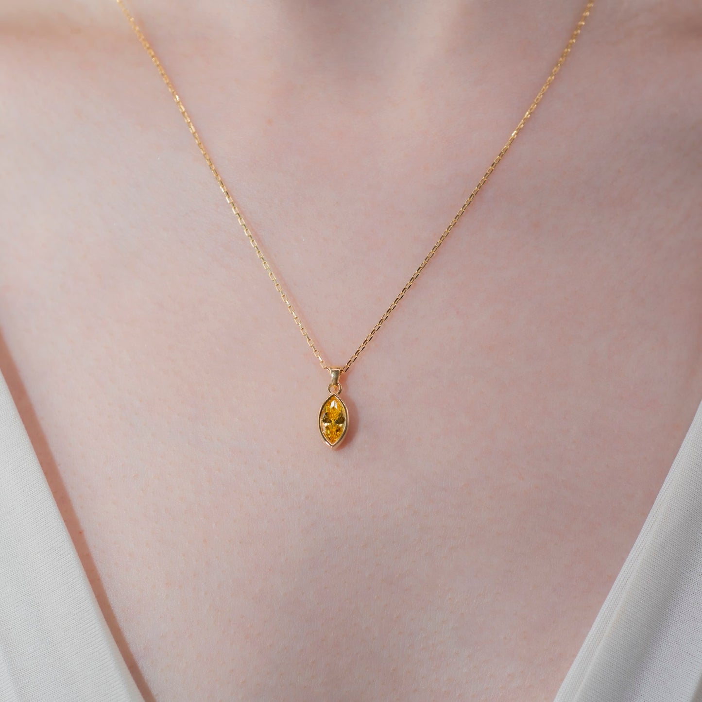 Marquise Cut Yellow Topaz Bezel Necklace 14K Solid Gold, Birthstone Pendant