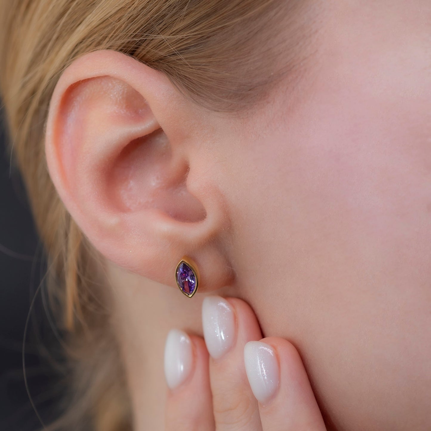 Amethyst Stud Earrings Bezel Marquise Cut in 14K Solid Gold, February Birthstone Jewelry