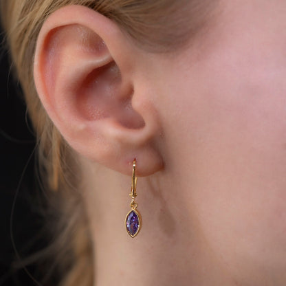 Amethyst Dangle Earrings Bezel Marquise Cut in 14K Solid Gold, February Birthstone Jewelry