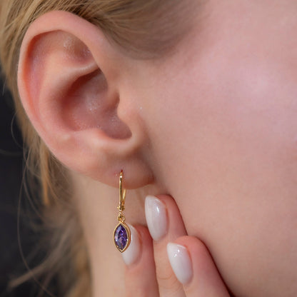 Amethyst Dangle Earrings Bezel Marquise Cut in 14K Solid Gold, February Birthstone Jewelry