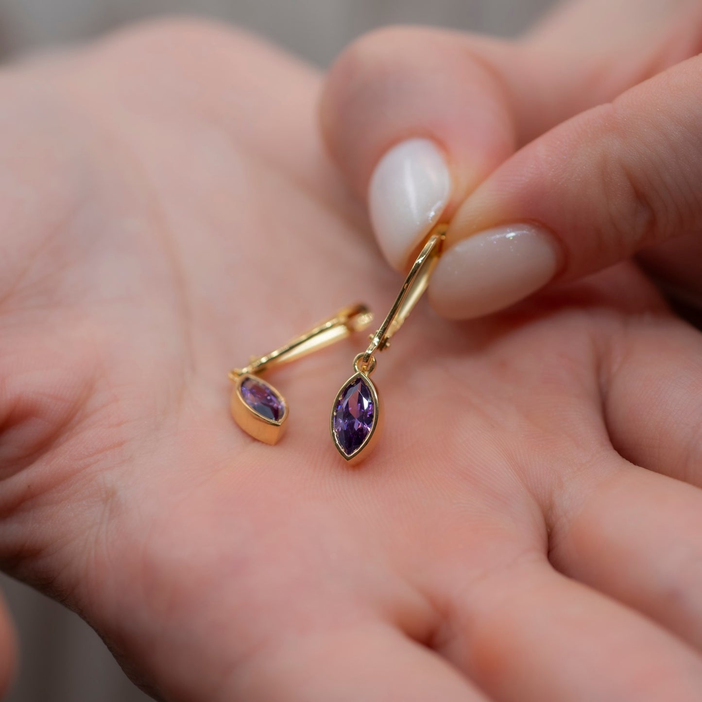 Amethyst Dangle Earrings Bezel Marquise Cut in 14K Solid Gold, February Birthstone Jewelry