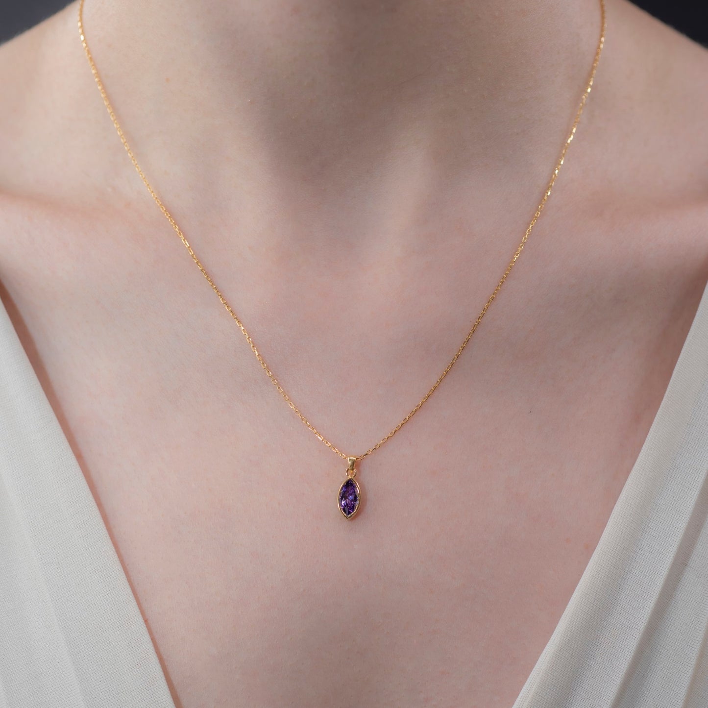 Marquise Cut Amethyst Bezel Necklace 14K Solid Gold, February Birthstone Pendant