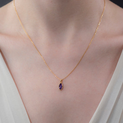 Marquise Cut Amethyst Bezel Necklace 14K Solid Gold, February Birthstone Pendant