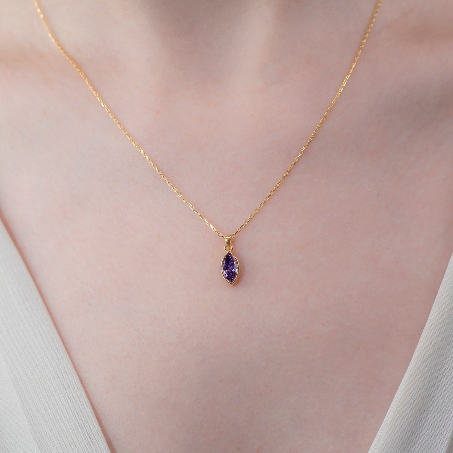 Marquise Cut Amethyst Bezel Necklace 14K Solid Gold, February Birthstone Pendant