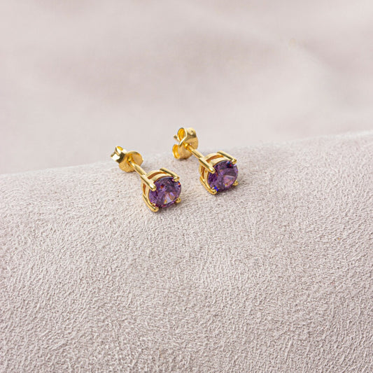 Round Amethyst Stud Earrings 14K Solid Gold, February Birthstone