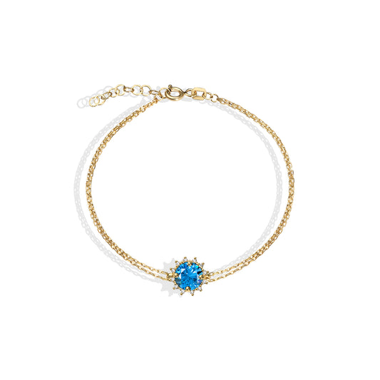 Round Blue Topaz Bracelet with Real Diamond, 14K Solid Gold, December Birthstone