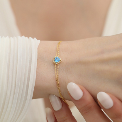 Blue Topaz Heart Bracelet with Real Diamond, 14K Solid Gold, December Birthstone