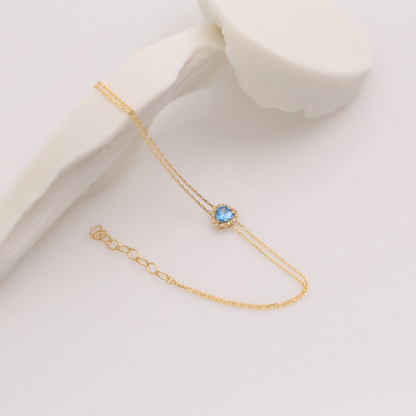 Blue Topaz Heart Bracelet with Real Diamond, 14K Solid Gold, December Birthstone