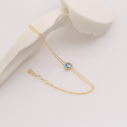 Blue Topaz Heart Bracelet with Real Diamond, 14K Solid Gold, December Birthstone