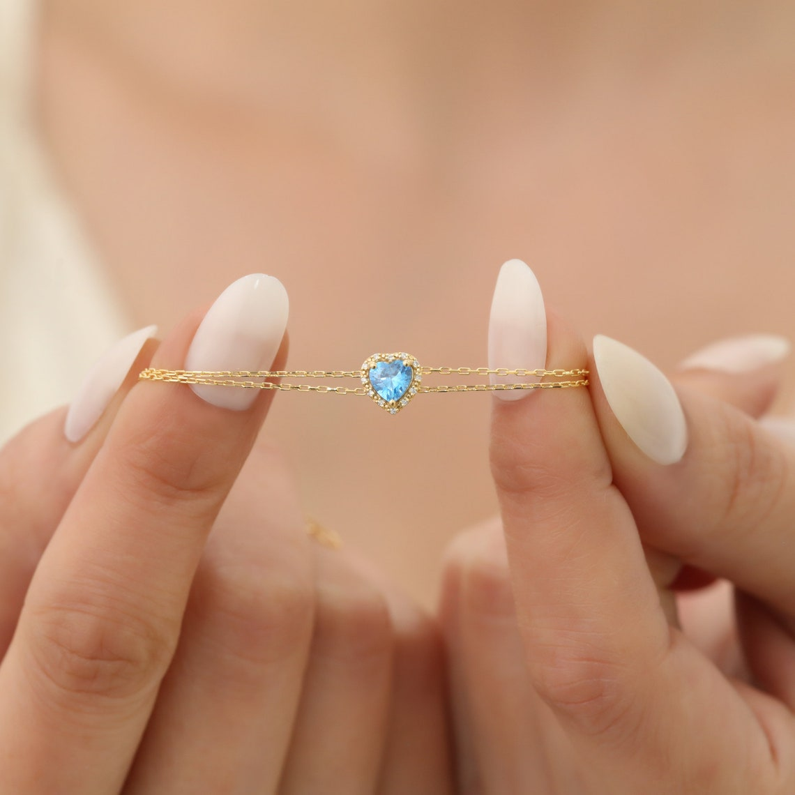 Blue Topaz Heart Bracelet with Real Diamond, 14K Solid Gold, December Birthstone