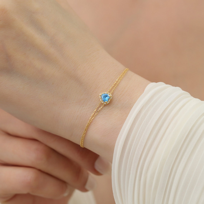 Blue Topaz Heart Bracelet with Real Diamond, 14K Solid Gold, December Birthstone