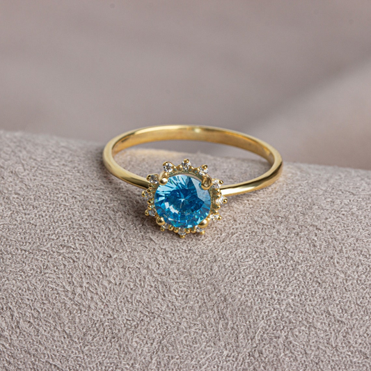 Round Blue Topaz Ring with Real Diamond Around 14K Solid Gold, December Birthstone